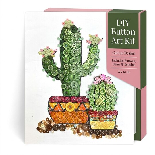Buttons Galore & More; DIY Cactus Button Art Kit, 8x10 Canvas Craft Kit, Easy DIY Home Decor Kit, Craft Kit for Adults, Gift Idea; Category:Buttons; Image:1